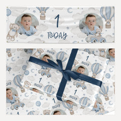 Boys 1st Birthday Personalised Photo matching wrapping paper and banner set