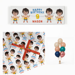 Boys Personalised Photo Face Wrestler Birthday matching wrapped gifts, banner and balloon bunch