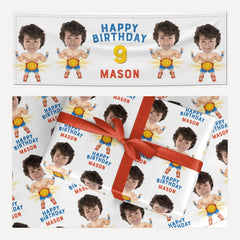 Boys Personalised Photo Face Wrestler Birthday matching wrapping paper and banner set