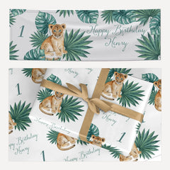 Boys Safari Wildlife Personalised matching wrapping paper and banner set