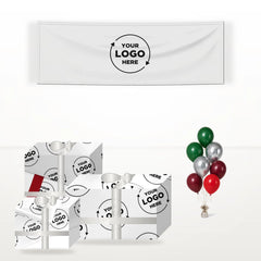 Business Logo Custom matching wrapped gifts, banner and balloon bunch