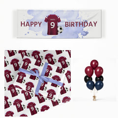 Claret and Blue Football Shirt Personalised matching wrapped gifts, banner and balloon bunch