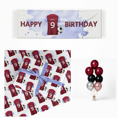 Claret and Blue Personalised Football Shirt matching wrapped gifts, banner and balloon bunch