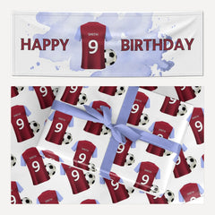 Claret and Blue Personalised Football Shirt matching wrapping paper and banner set