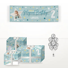 Custom Happy Birthday matching wrapped gifts, banner and balloon bunch