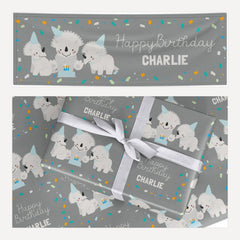 Dino Friends Happy Birthday matching wrapping paper and banner set
