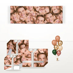 Face matching wrapped gifts, banner and balloon bunch