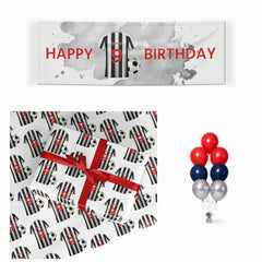 Football Shirt Black White Personalised Age Name matching wrapped gifts, banner and balloon bunch