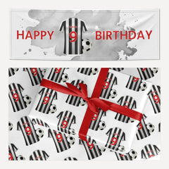 Football Shirt Black White Personalised Age Name matching wrapping paper and banner set