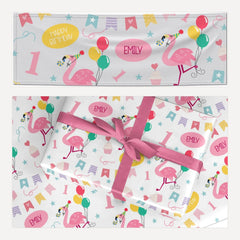 Girls Flamingo Personalised Birthday matching wrapping paper and banner set