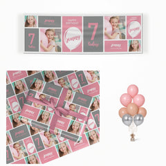 Girls Personalised Birthday Photo matching wrapped gifts, banner and balloon bunch