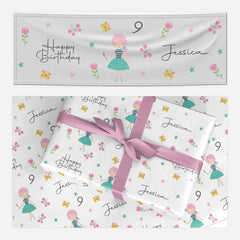 Girls Personalised Happy Birthday matching wrapping paper and banner set
