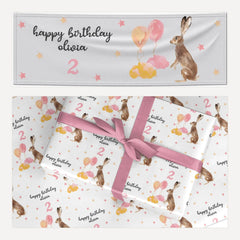 Girls Personalised Hare Happy Birthday matching wrapping paper and banner set
