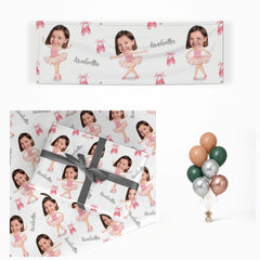 Girls Photo Face Ballerina matching wrapped gifts, banner and balloon bunch