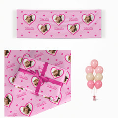 Girls Pink Photo Birthday matching wrapped gifts, banner and balloon bunch