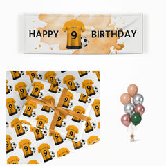 Gold and Black Football Shirt Personalised matching wrapped gifts, banner and balloon bunch