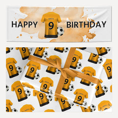Gold and Black Football Shirt Personalised matching wrapping paper and banner set
