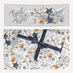 Grinning Cat Halloween matching wrapping paper and banner set