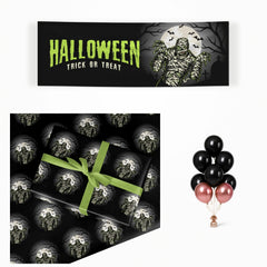 Halloween Mummy matching wrapped gifts, banner and balloon bunch