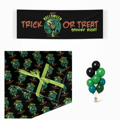 Halloween Zombie Hand matching wrapped gifts, banner and balloon bunch