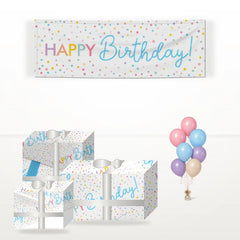 Happy Birthday matching wrapped gifts, banner and balloon bunch