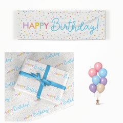 Happy Birthday matching wrapped gifts, banner and balloon bunch