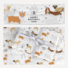 Happy Birthday Personalised Dogs matching wrapping paper and banner set