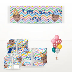 Happy Birthday Personalised Face matching wrapped gifts, banner and balloon bunch