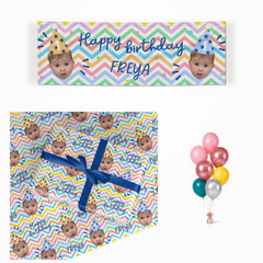 Happy Birthday Personalised Face matching wrapped gifts, banner and balloon bunch