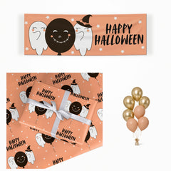 Happy Halloween Ghostly matching wrapped gifts, banner and balloon bunch