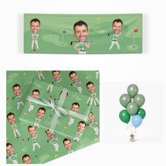 Mens Golf Photo Face matching wrapped gifts, banner and balloon bunch
