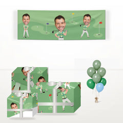 Mens Golf Photo Face matching wrapped gifts, banner and balloon bunch