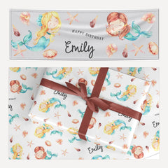 Mermaid Personalised Happy Birthday matching wrapping paper and banner set