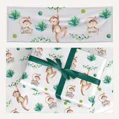 Monkey Personalised Happy Birthday matching wrapping paper and banner set