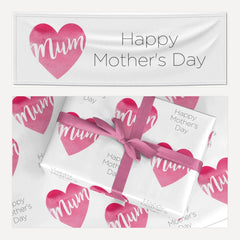 Mothers Day Watercolour Heart matching wrapping paper and banner set