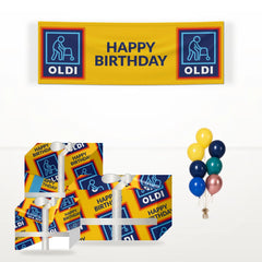 Oldi Funny Birthday matching wrapped gifts, banner and balloon bunch