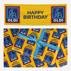 Oldi Funny Birthday matching wrapping paper and banner set