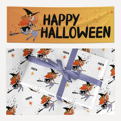 Orange Haired Personalised Witch matching wrapping paper and banner set