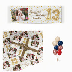 Personalised 13th Birthday Photo and Name Gold Balloon Celebration Design matching wrapped gifts, banner and balloon bunch