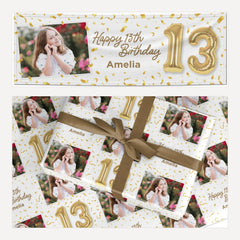 Personalised 13th Birthday Photo and Name Gold Balloon Celebration Design matching wrapping paper and banner set
