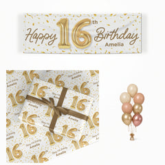 Personalised 16th Birthday matching wrapped gifts, banner and balloon bunch