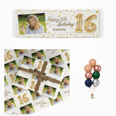 Personalised 16th Birthday Photo and Name Gold Balloon Celebration matching wrapped gifts, banner and balloon bunch
