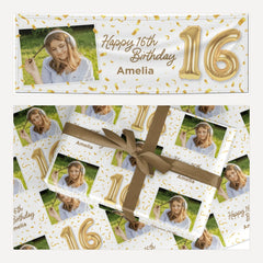 Personalised 16th Birthday Photo and Name Gold Balloon Celebration matching wrapping paper and banner set