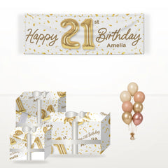 Personalised 21st Birthday matching wrapped gifts, banner and balloon bunch