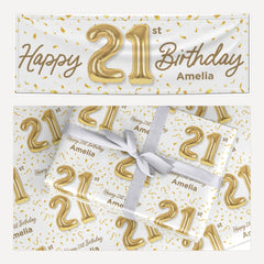 Personalised 21st Birthday matching wrapping paper and banner set