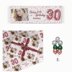 Personalised 30th Birthday Photo Rose Gold Balloons matching wrapped gifts, banner and balloon bunch