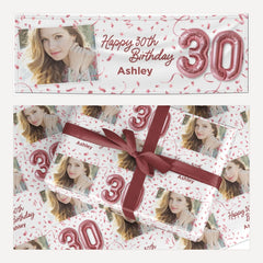 Personalised 30th Birthday Photo Rose Gold Balloons matching wrapping paper and banner set