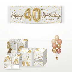 Personalised 40th Birthday matching wrapped gifts, banner and balloon bunch