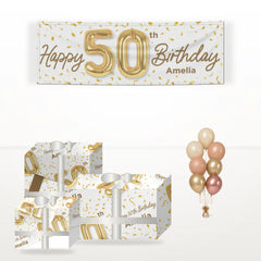 Personalised 50th Birthday matching wrapped gifts, banner and balloon bunch