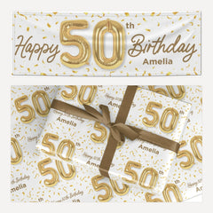 Personalised 50th Birthday matching wrapping paper and banner set